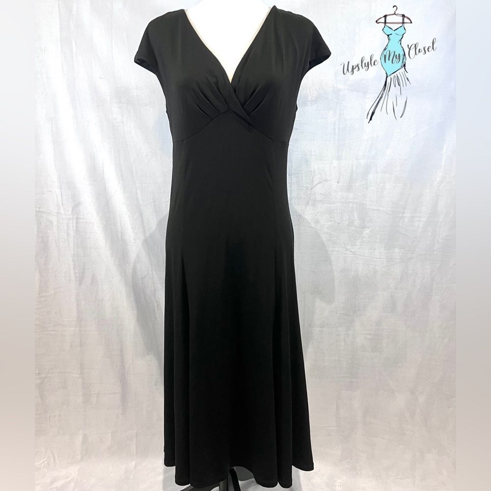 Glamour black pleated surplice top empire waist midi dress size 12